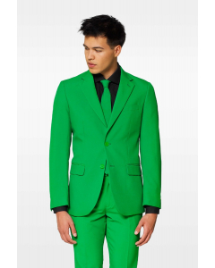 Green men's suit worn by man looking to the side