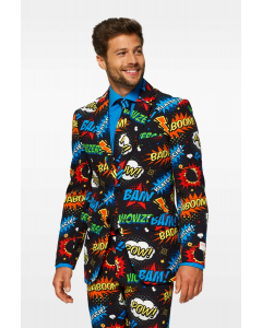 Black men's suit with comic book icons print worn by man