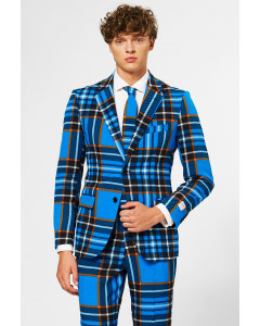 Blue tartan men's suit worn by man
