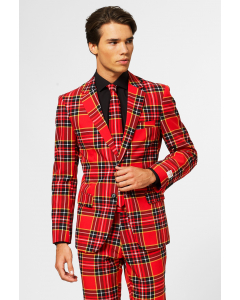Red plaid tartan men's suit worn by man