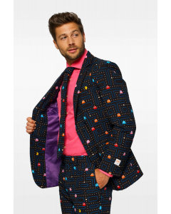 Pac-Man maze men's suit worn by man close up