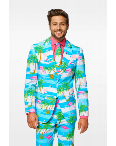 Blue and white men's suit with tropical flamingo print Flaminguy worn by man close up