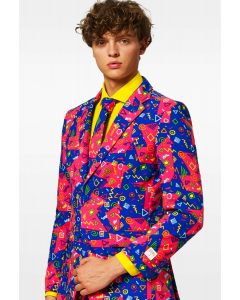 Funky pink and blue men's suit with abstract icons worn by man
