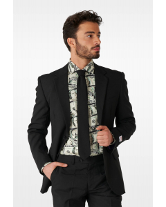 All black men's suit worn by man