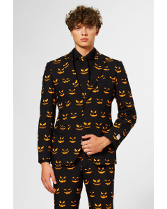Black Halloween suit with orange pumpkin faces print worn by man