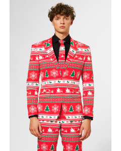 Red and white Christmas themed men's suit worn by man