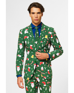Green Christmas themed men's suit with Christmas icons worn by man