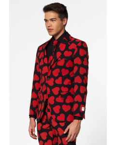Black men's suit with red hearts King of Hearts worn by man close up close up