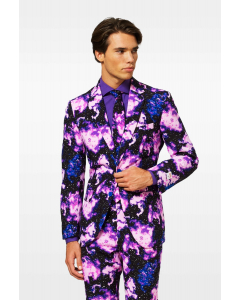 Purple and black galaxy men's suit worn by man