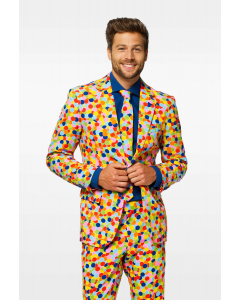 Colorful confetti men's suit Confetteroni worn by men up close