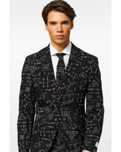 Black men's suit with scientific formula worn by man