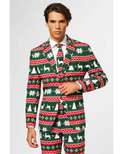 Green and red Christmas themed men's suit worn by man
