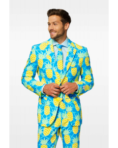 Pineapple print men's suit with bright colors by man close up