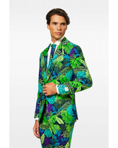 Jungle print men's suit with green and purple leaf print worn by man
