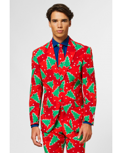 Red Christmas men's suit with pine tree print worn by man