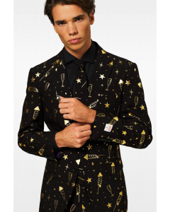 Black men's suit with golden fireworks print worn by man