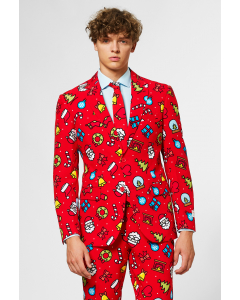 Red Christmas suit with Christmas icons worn by man