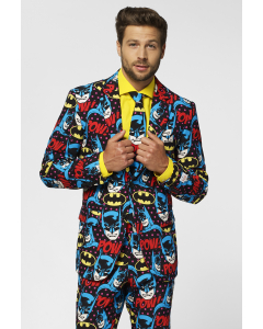 Batman themed men's suit with comic book icons worn by man close up