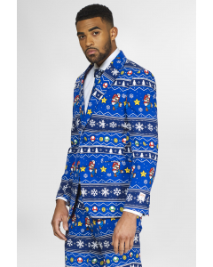 Super Mario Nintendo men's suit with Christmas themes worn by man