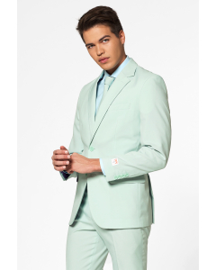 Solid color men's suit Magic Mint worn by men zoomed in