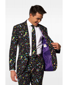 Funny carnaval suit Disco Dude worn by man looking inside jacket