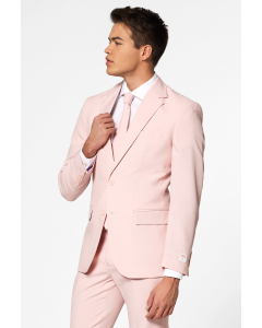Bright pink solid color suit Lush Blush worn by men looking to the right