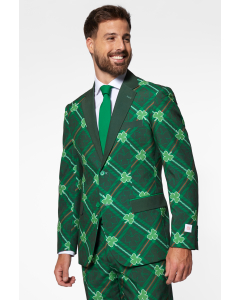 Green plaid men's suit with three-leaf-clovers worn by man