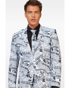 Funny newspaper print men's suit Textile Telegraph worn by man zoomed in