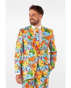 Man wearing suit with Pokémon, Pikachu print