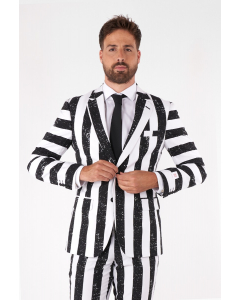 Man wearing black and white Beetlejuice men's suit