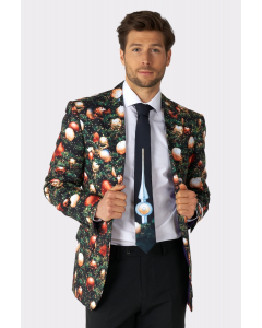 Man wearing Christmas suit with Christmas tree print