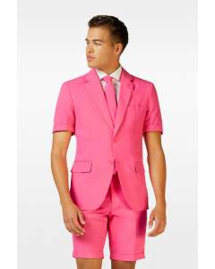 Short-sleeved pink summer suit worn by man