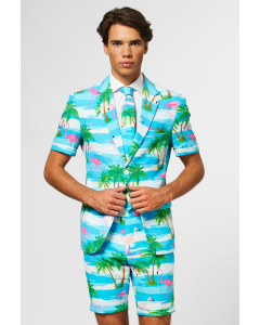 Blue and white short-sleeved summer suit with tropical flamingo print worn by man