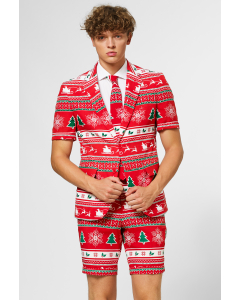 Red and white Christmas themed short-sleeved summer suit worn by man