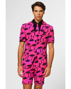 Hot pink short-sleeved summer suit with black palm trees worn by man