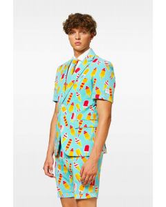 Light blue short-sleeved summer suit with ice cream print worn by man