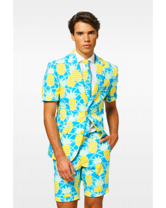 Pineapple print short-sleeved summer suit in bright colors worn by man
