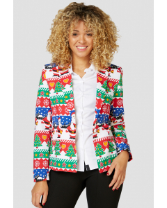 Multi color funny Christmas print blazer worn by a woman zoomed in