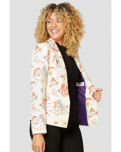Vintage Santa Claus Print Christmas blazer in off-white by woman zoomed in