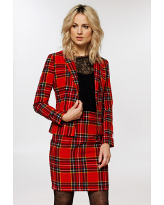 Red plaid women suit worn by woman