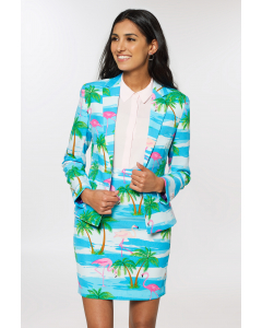 Blue and white women's suit with tropical flamingo print worn by woman