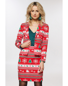 Red christmas suit for women worn by woman