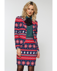 Women's blue and red nordic Christmas suit worn by woman