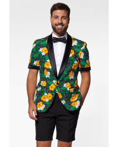 Man wearing summer tuxedo with flower print