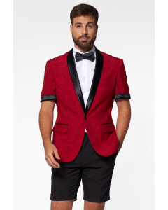 Man wearing red summer tuxedo with flower print