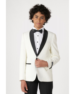 Teen boy wearing white and black tuxedo