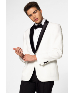 White with black tuxedo suit Pearly White worn by man closed up blazer