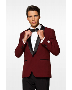Burgundy red and black tuxedo Hot Burgundy worn by men zoomed in