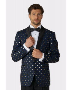 Man wearing blue tuxedo with golden dots