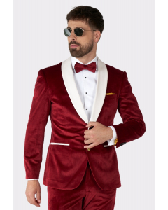 Man wearing red and white santa tuxedo